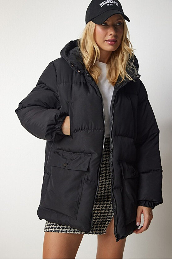 Kadın Oversize Şişme Mont Kapüşonlu - 4 Cep Detaylı Fermuarlı Kışlık Günlük Mont