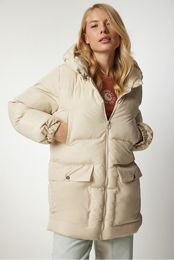 Kadın Oversize Şişme Mont Kapüşonlu - 4 Cep Detaylı Fermuarlı Kışlık Günlük Mont