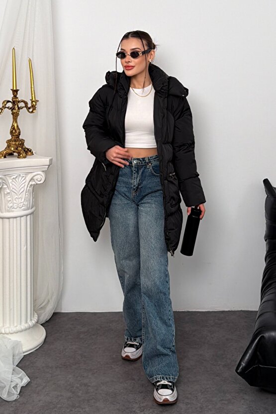 Kadın Kapüşonlu Uzun Şişme Mont – Su Geçirmez Oversize Kışlık, Cepli Fermuarlı