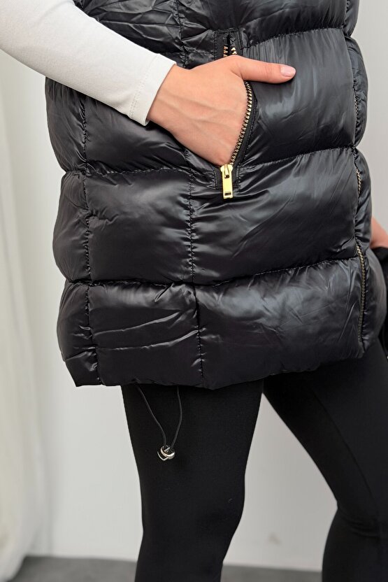 Kadın Uzun Siyah Kapüşonlu Şişme Yelek – Astronot Yaka, Su Geçirmez, Oversize