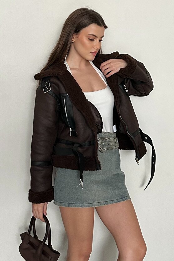 Kadın İçi Kürk Detaylı Kemerli Deri Mont - Kışlık Biker Peluş Astarlı Deri Ceket