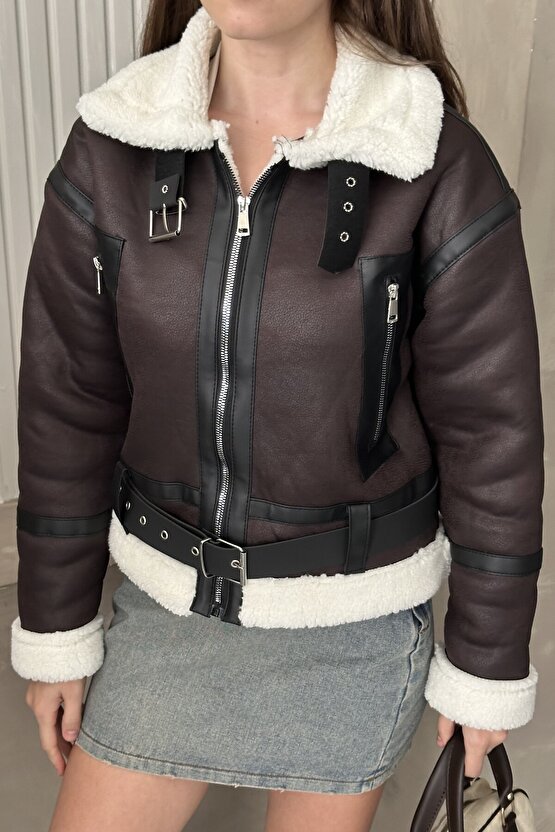 Kadın İçi Kürk Detaylı Kemerli Deri Mont - Kışlık Biker Peluş Astarlı Deri Ceket