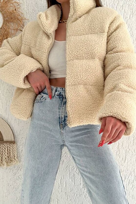 Kadın Oversize Peluş Kadın Mont – Teddy Polar Bej Şişme Mont - Kışlık Yumuşak Teddy Bear Ceket