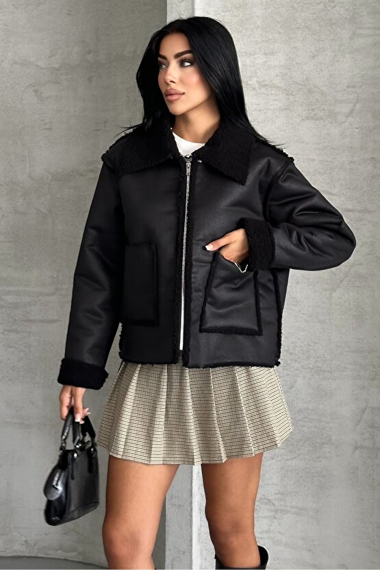 Kadın Suni Deri Mont – İçi Peluş Astarlı, Kışlık, Çift Cepli, Siyah Biker Oversize Ceket