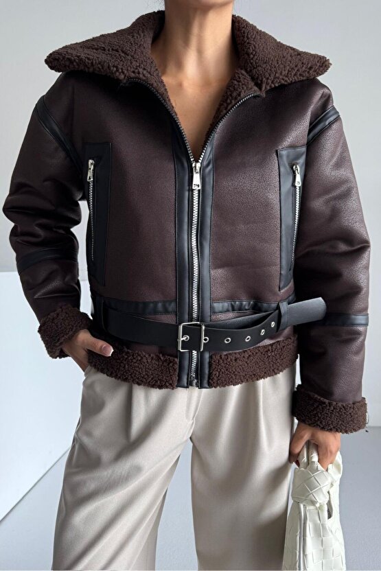 Kadın Kürk Astarlı Suni Deri Mont - Kahverengi Oversize Fermuarlı Kışlık Biker Ceket