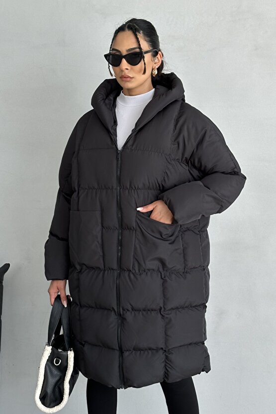 Kadın Siyah Kapüşonlu Uzun Şişme Mont - Oversize Kalın Kaban Kışlık Su Geçirmez