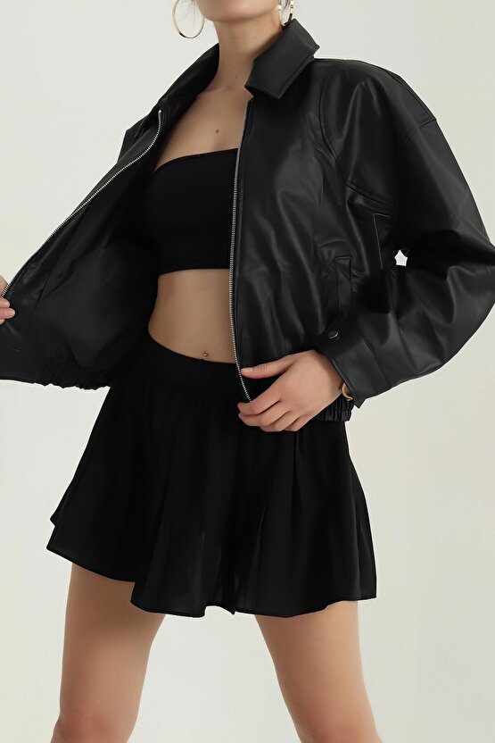 Kadın Deri Bomber Ceket - Yeni Sezon Oversize Crop Suni Deri Mont (Siyah  Kahverengi  Bordo)