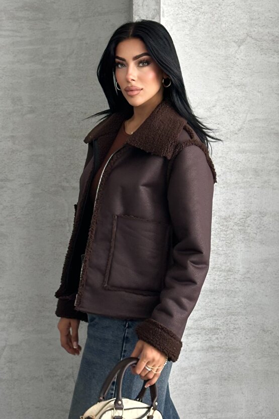 Kadın Çift Cepli İçi Suni Kürklü Suni Deri Biker Mont