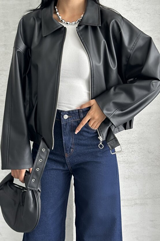 Kadın Oversize Bomber Suni Deri Ceket | Yeni Sezon Kemerli Biker Ceket