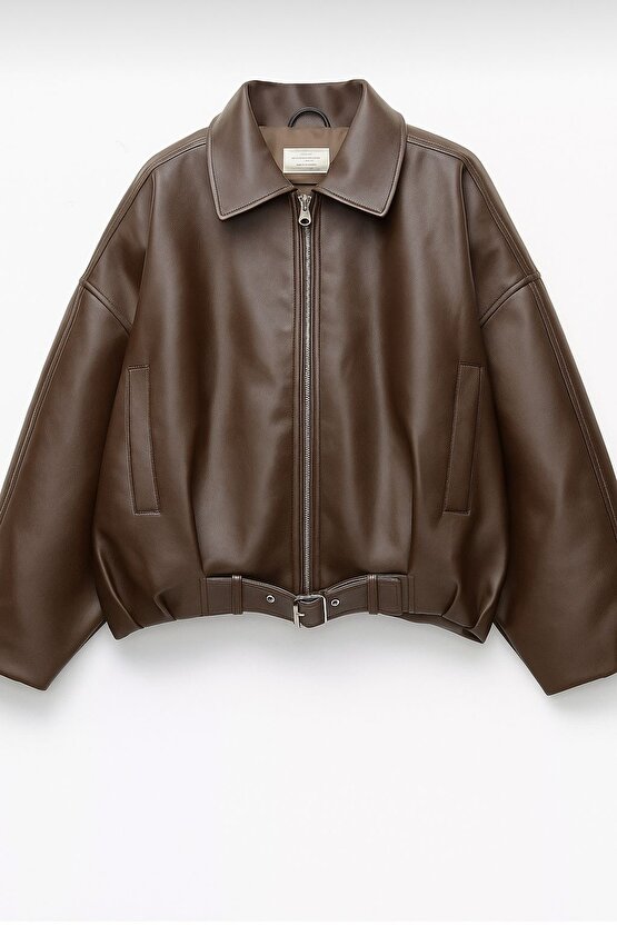 Kadın Oversize Bomber Suni Deri Ceket | Yeni Sezon Kemerli Biker Ceket