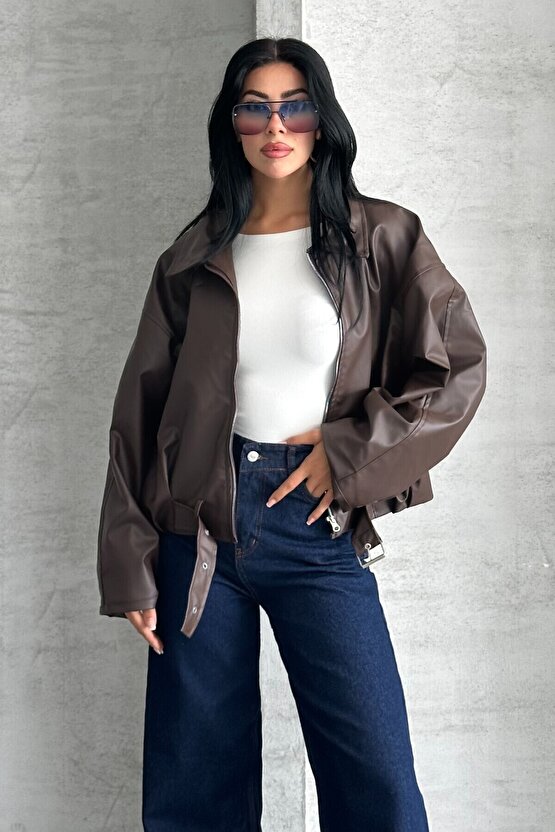 Kadın Oversize Bomber Suni Deri Ceket | Yeni Sezon Kemerli Biker Ceket