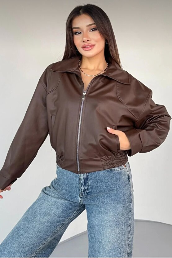 Yakalı Suni Deri Bomber Ceket