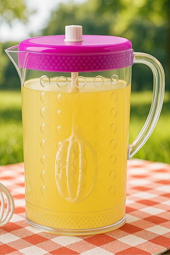 Mikserli Akrilik Sürahi – Manuel Karıştırıcılı Şeffaf Renkli Kapaklı İçecek Hazırlama Sürahisi