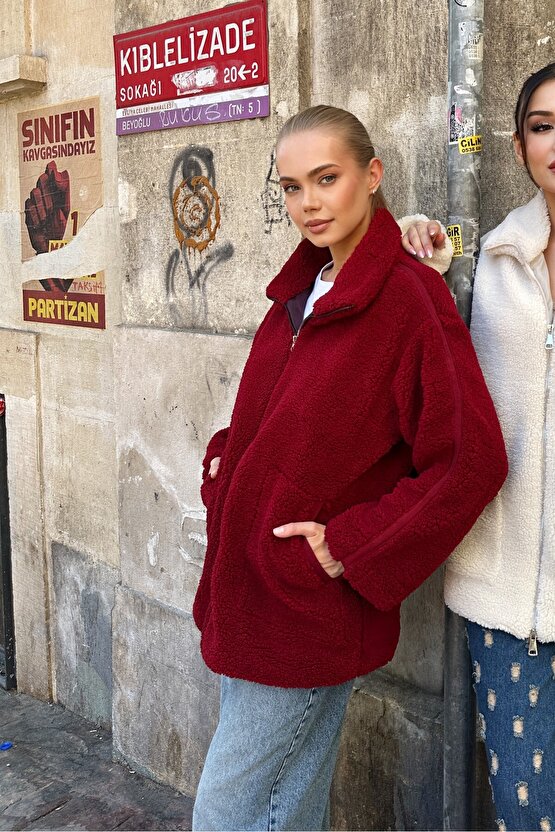 Dik Yakalı Cepli Oversize Kadın Peluş Mont - Bordo