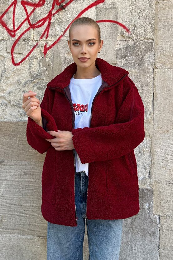 Dik Yakalı Cepli Oversize Kadın Peluş Mont - Bordo