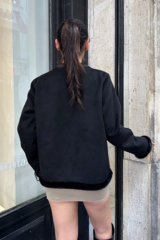 Kadın İçi Suni Kürklü Süet Ceket - Yumuşak Dokulu, Düğmeli