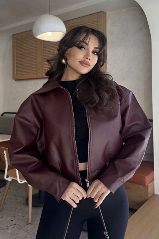 Unisex Deri Bomber Kolej Ceket