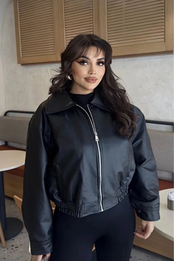 Yakalı Suni Deri Bomber Ceket