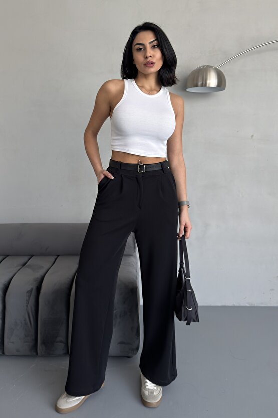 Kemer Detaylı Likralı Palazzo Pantolon