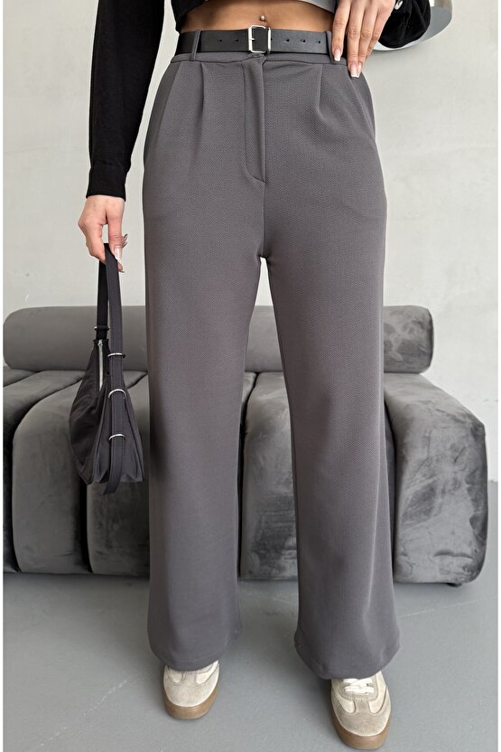 Yüksek Bel Bol Paça Kemerli Likralı Kadın Palazzo Pantolon - Gri