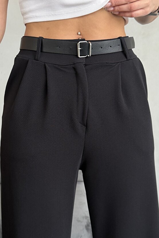 Yüksek Bel Bol Paça Kemerli Likralı Kadın Palazzo Pantolon - Siyah