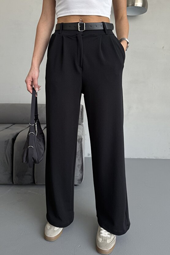 Yüksek Bel Bol Paça Kemerli Likralı Kadın Palazzo Pantolon - Siyah