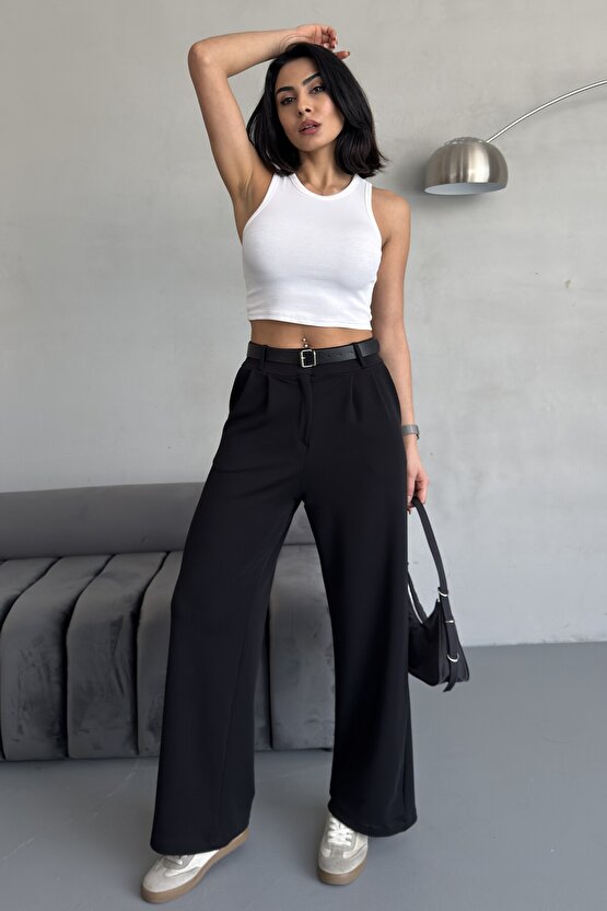 Yüksek Bel Bol Paça Kemerli Likralı Kadın Palazzo Pantolon - Siyah