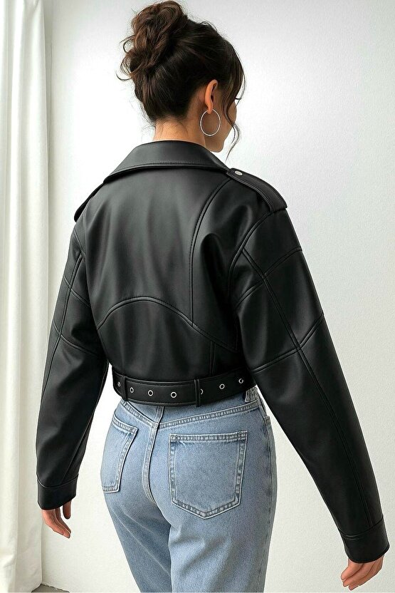 Kemerli Siyah Crop Deri Ceket