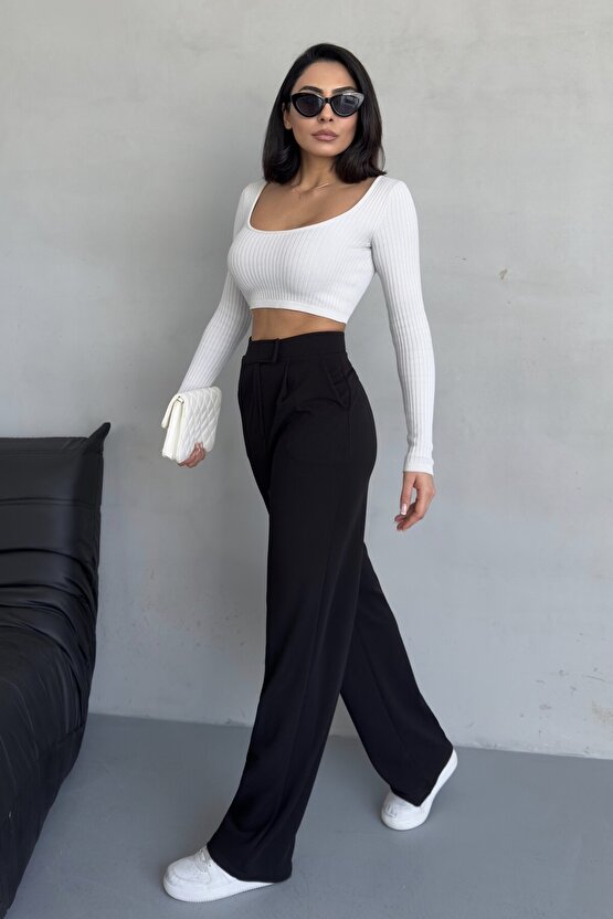 Kadın Siyah Palazzo Pantolon – Yüksek Bel Likralı Cırt Kapama