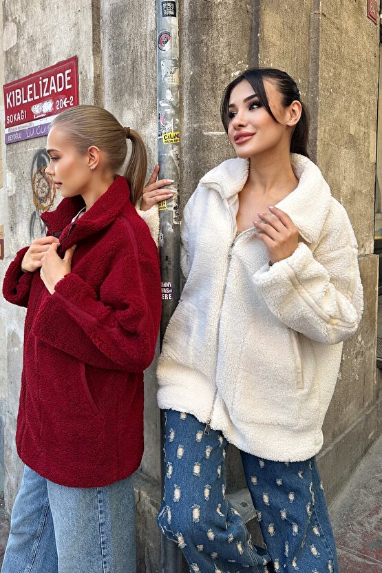 Bej Dik Yakalı Cepli Kadın Peluş Mont