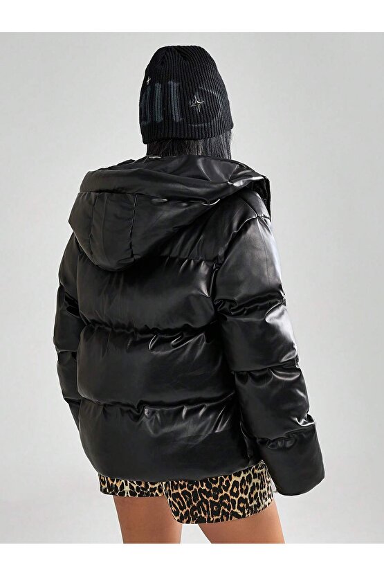 Kadın Kapüşonlu Şişme Deri Mont
