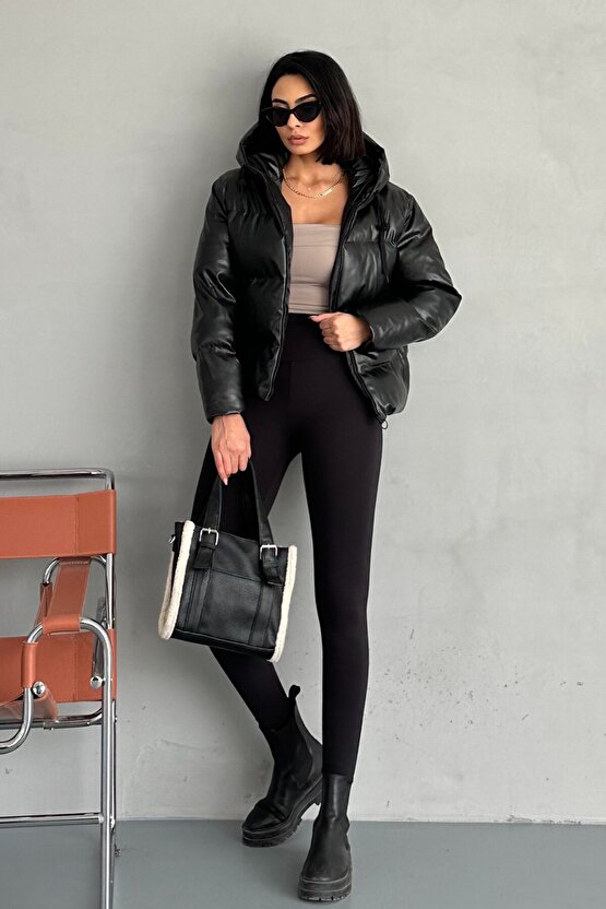 Kadın Siyah Deri Kapüşonlu Şişme Mont - Oversize
