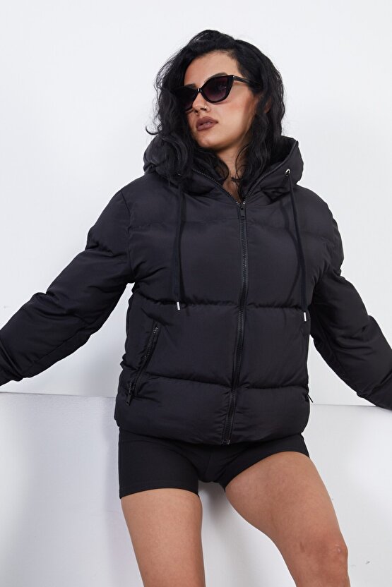 Kadın Kapüşonlu Şişme Mont - Yakası Bağcıklı