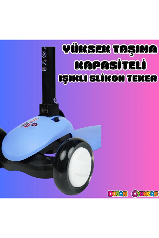 Lupa Katlanabilir Işıklı 3 Tekerlekli Mavi Scooter - Işıklı Scooter - Slikon Teker Scooter - Çocuk S