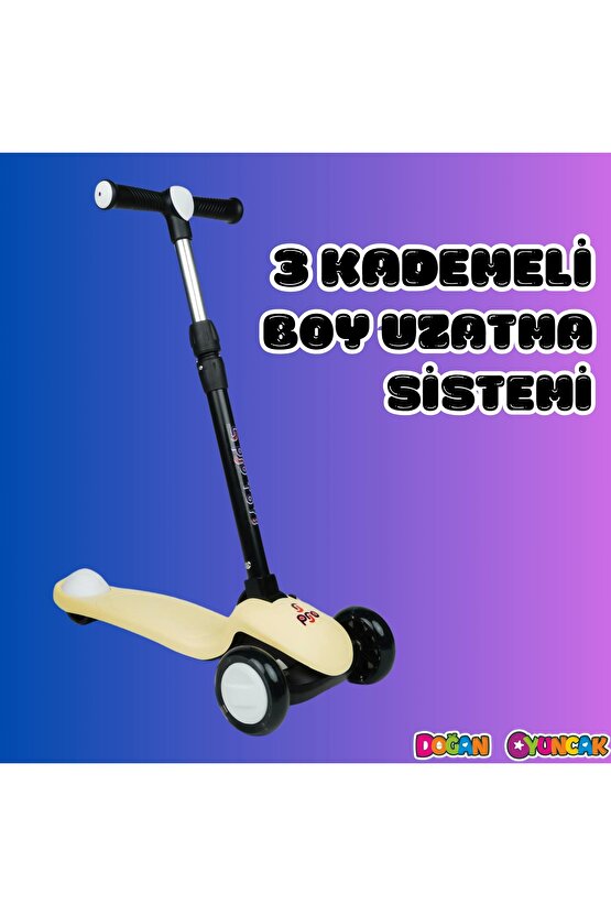 Lupa Katlanabilir Işıklı 3 Tekerlekli Sarı Scooter - Işıklı Scooter - Slikon Teker Scooter - Çocuk S