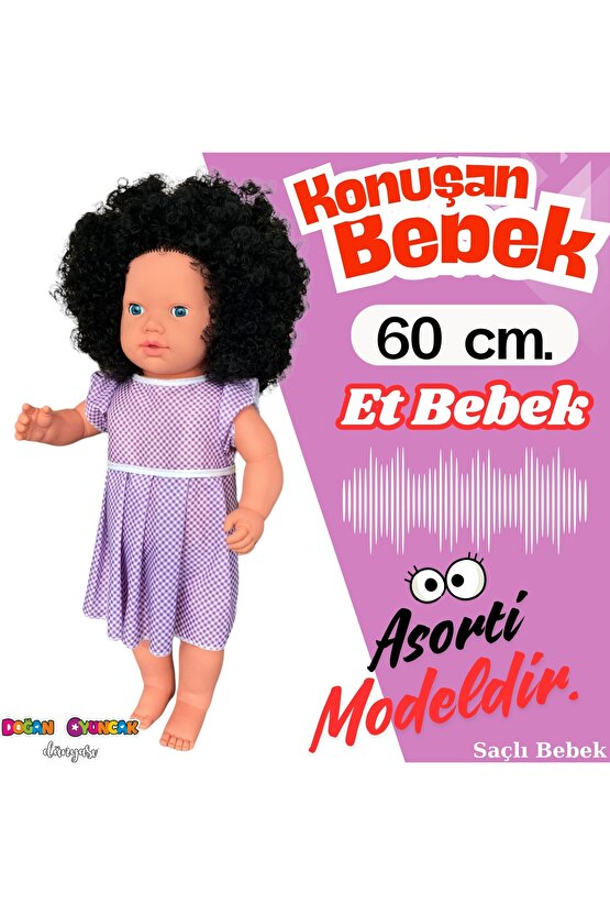 Oynar Gözlü Türkçe Konuşan Nazlı Saçlı Et Bebek 60 Cm. - Konuşabilen Bebek - Saçlı Büyük Bebek