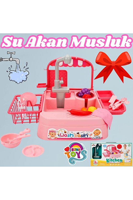 Pembe Su Akıtan Mutfak Lavabosu Seti - Çeşmeli Sesli Lavabo - Mutfak Seti - Su Akan Musluk - Akan Mu