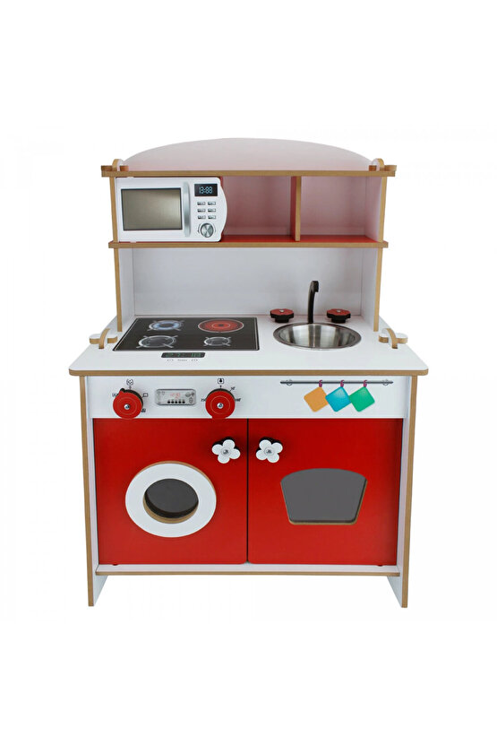 Pratik Hamarat Ahşap Mutfak - Ahşap Çocuk Mutfağı - Mutfak Seti - Kapaklı Mutfak - Kırmızı