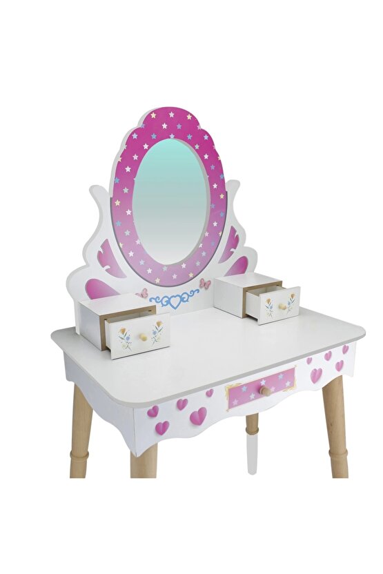 Ahşap Oturaklı Güzellik Masası - Makyaj Seti - Ahşap Güzellik Seti - Makyaj Masası