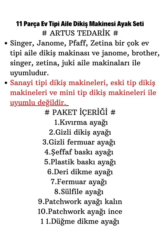 Ev Tipi Aile Dikiş Makinesi Ayak Seti Singer Janome Pfaff Zetina 11 Parça