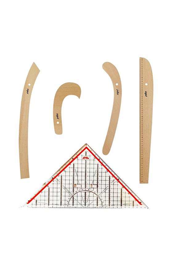 5 Parça Set - 4 Parça Ahşap Riga Seti Ve Modelist Gönyesi - Riga Takımı - Dikiş Seti Cetvel