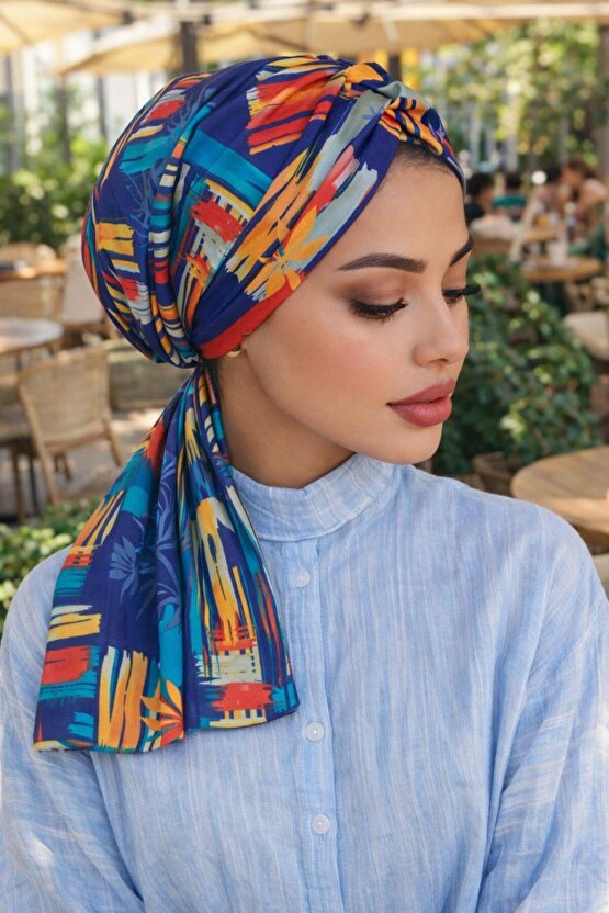 Lacivert Suluboya Büzgülü Eşarp Bone