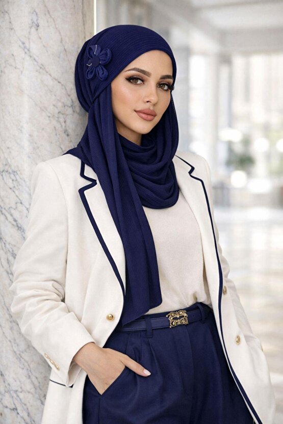 Lacivert Çiçekli Kelebek Bone Şal