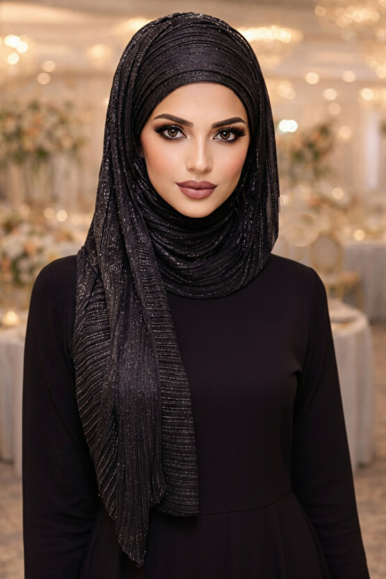 Siyah Gümüş Piliseli Bandana Abiye Şal