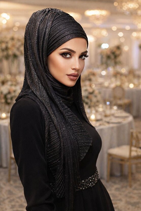 Siyah Gümüş Piliseli Bandana Abiye Şal