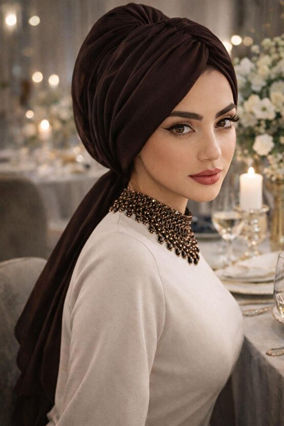 Kahverengi Tokalı Abiye Bone Şal  Hazır Duvak