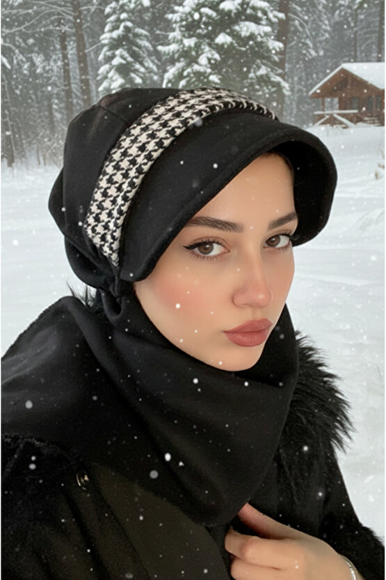 Siyah Kazayağı Detaylı Atkılı Tesettür Şapka