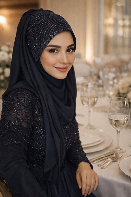 Lacivert Detaylı Hazır Abiye Şal