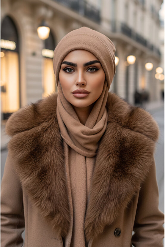 Camel Atkılı Tesettür Bere  UZUN ATKILI