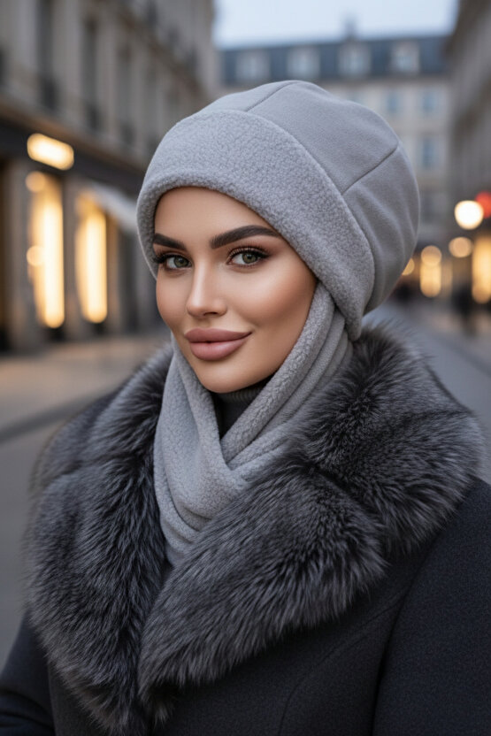 Gri Atkılı Bere Tesettür Bere  UZUN ATKILI